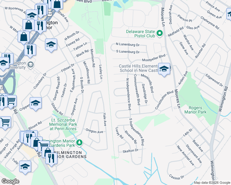 map of restaurants, bars, coffee shops, grocery stores, and more near 13 Tuckahoe Road in New Castle