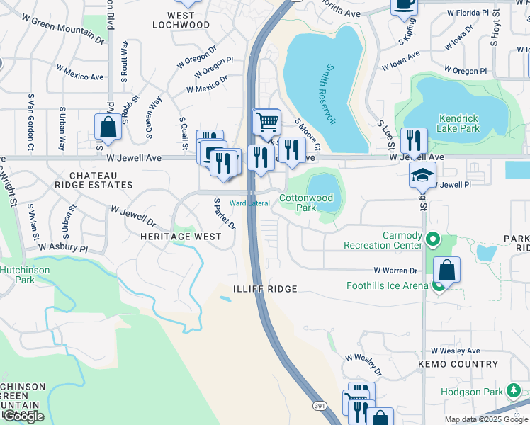 map of restaurants, bars, coffee shops, grocery stores, and more near 2099 South Oak Street in Lakewood