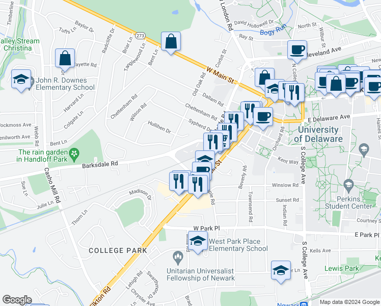 map of restaurants, bars, coffee shops, grocery stores, and more near 321 Hillside Road in Newark