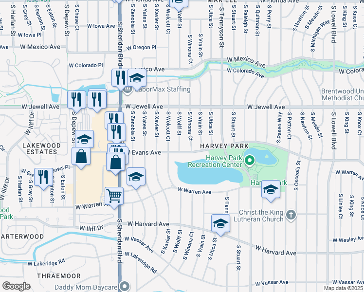 map of restaurants, bars, coffee shops, grocery stores, and more near 2080 South Wolff Street in Denver