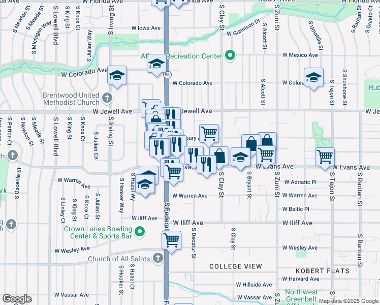 map of restaurants, bars, coffee shops, grocery stores, and more near 2825 West Evans Avenue in Denver