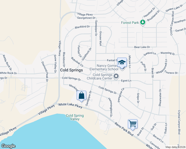map of restaurants, bars, coffee shops, grocery stores, and more near 3845 Sandpiper Drive in Reno