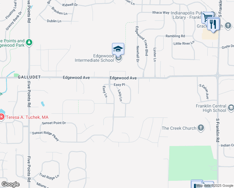 map of restaurants, bars, coffee shops, grocery stores, and more near 6106 Lazy Lane in Indianapolis