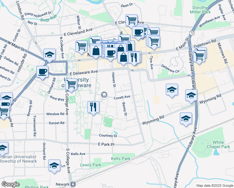 map of restaurants, bars, coffee shops, grocery stores, and more near 175 Haines Street in Newark
