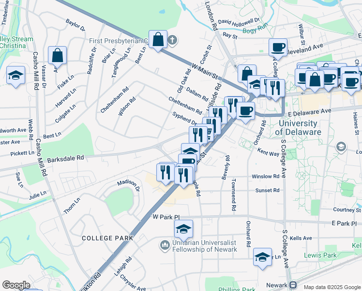 map of restaurants, bars, coffee shops, grocery stores, and more near 321 Hillside Road in Newark