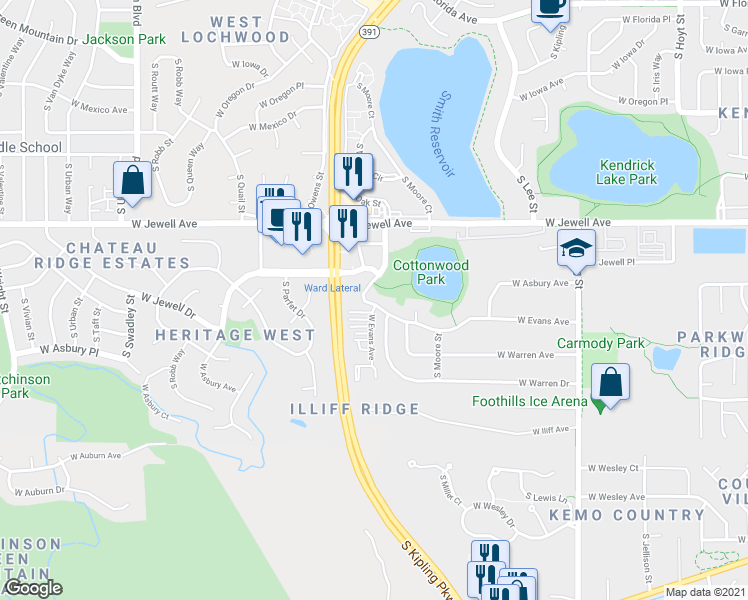 map of restaurants, bars, coffee shops, grocery stores, and more near 10755 West Evans Avenue in Lakewood