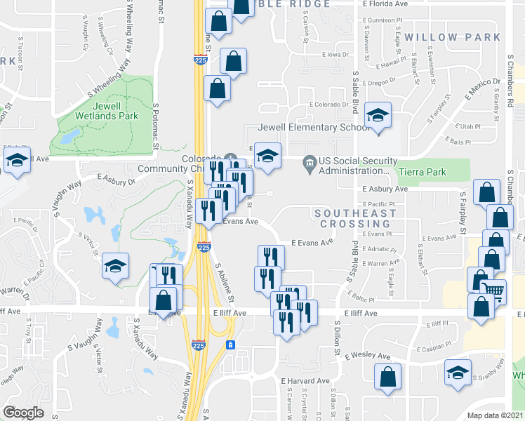 map of restaurants, bars, coffee shops, grocery stores, and more near 14095 East Evans Avenue in Aurora