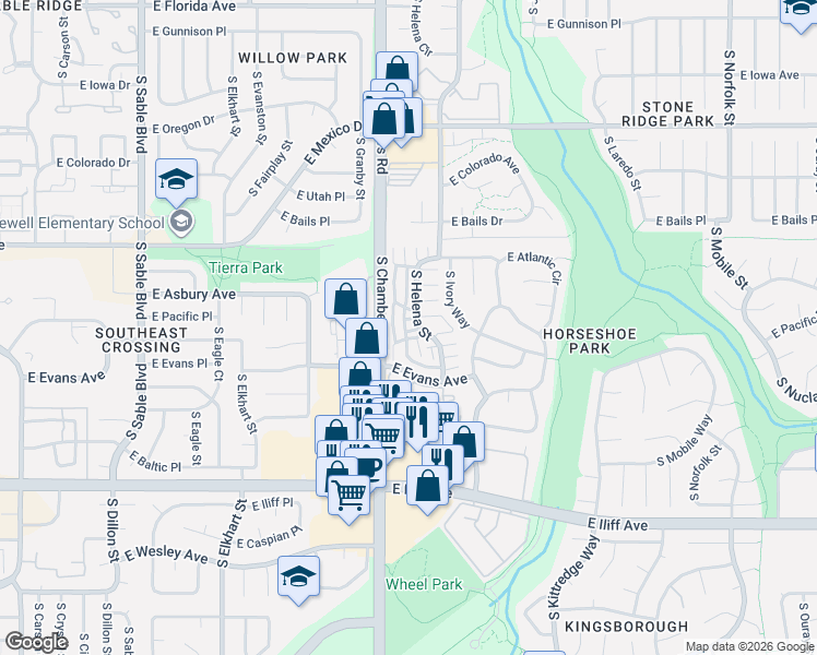 map of restaurants, bars, coffee shops, grocery stores, and more near 2009D South Hannibal Street in Aurora