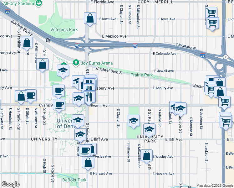 map of restaurants, bars, coffee shops, grocery stores, and more near 2034 South Clayton Street in Denver