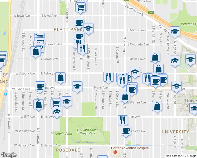 map of restaurants, bars, coffee shops, grocery stores, and more near 2054 South Clarkson Street in Denver