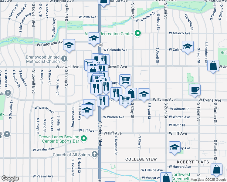 map of restaurants, bars, coffee shops, grocery stores, and more near 2825 West Evans Avenue in Denver