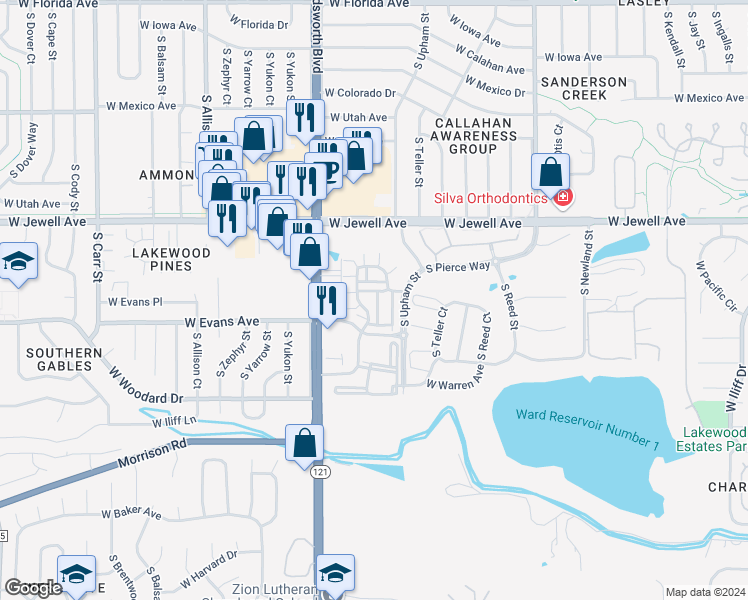 map of restaurants, bars, coffee shops, grocery stores, and more near 6800 West Jewell Avenue in Lakewood
