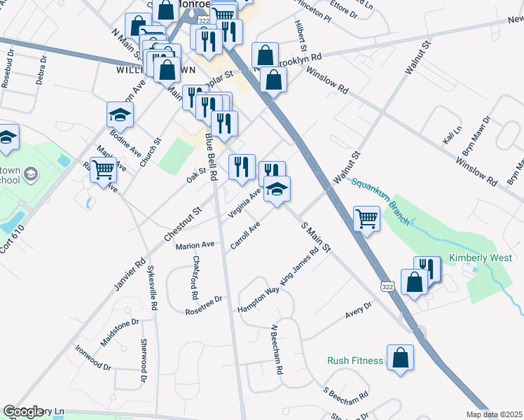 map of restaurants, bars, coffee shops, grocery stores, and more near 32 Carroll Avenue in Monroe
