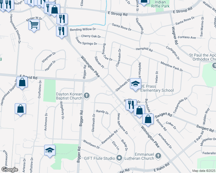 map of restaurants, bars, coffee shops, grocery stores, and more near 4448 Wilmington Pike in Dayton