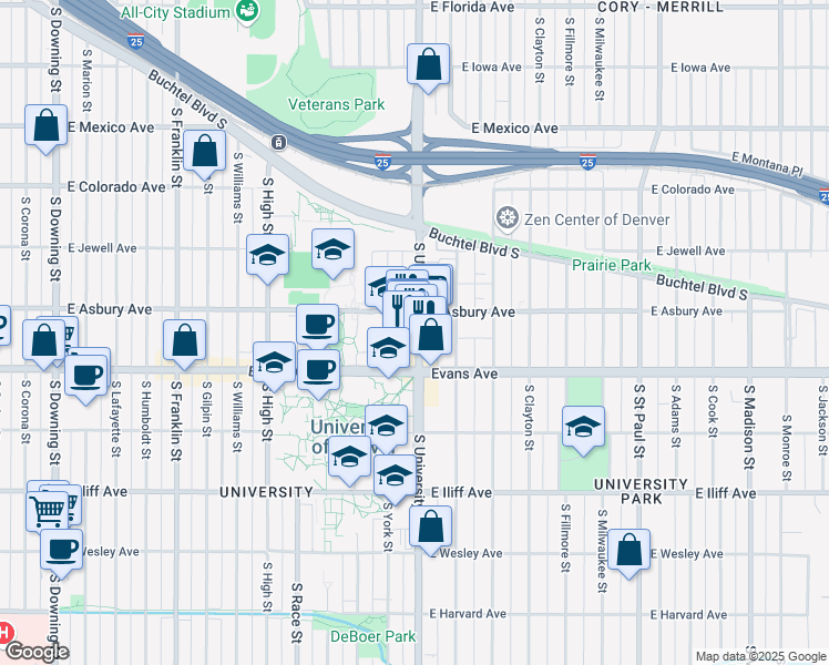 map of restaurants, bars, coffee shops, grocery stores, and more near 2021 South University Boulevard in Denver