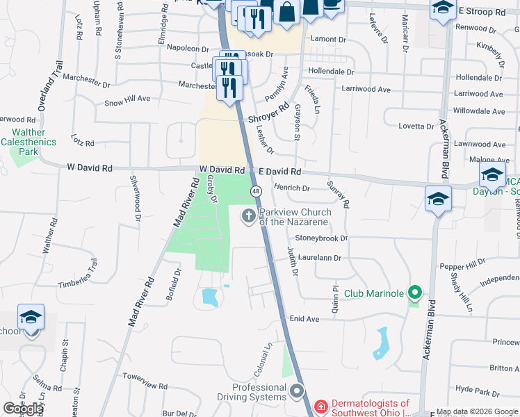 map of restaurants, bars, coffee shops, grocery stores, and more near 4627 Far Hills Avenue in Kettering
