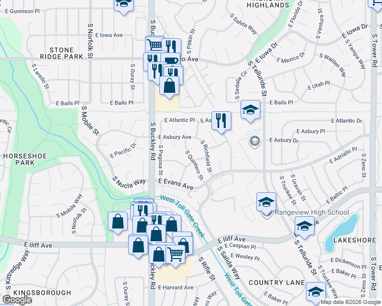 map of restaurants, bars, coffee shops, grocery stores, and more near 17269 East Evans Drive in Aurora