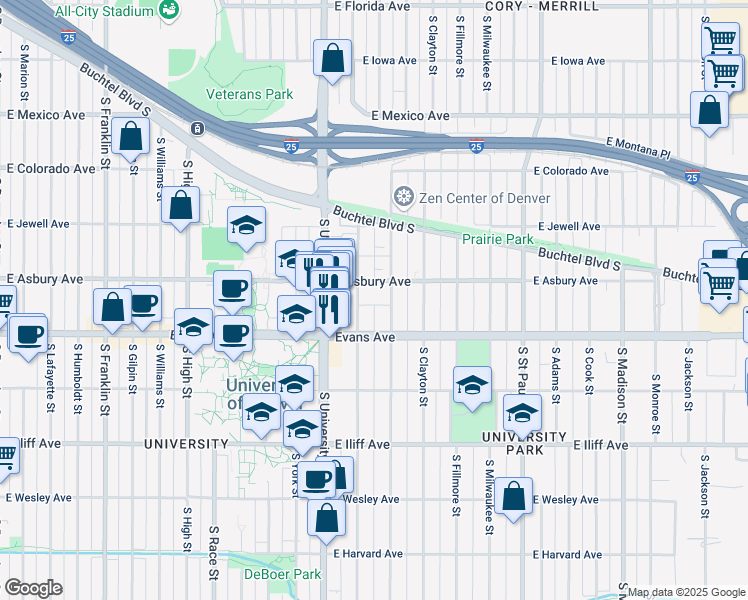 map of restaurants, bars, coffee shops, grocery stores, and more near 2400 East Asbury Avenue in Denver