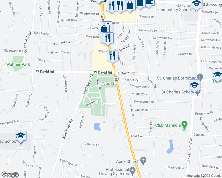 map of restaurants, bars, coffee shops, grocery stores, and more near 4631 Far Hills Avenue in Dayton
