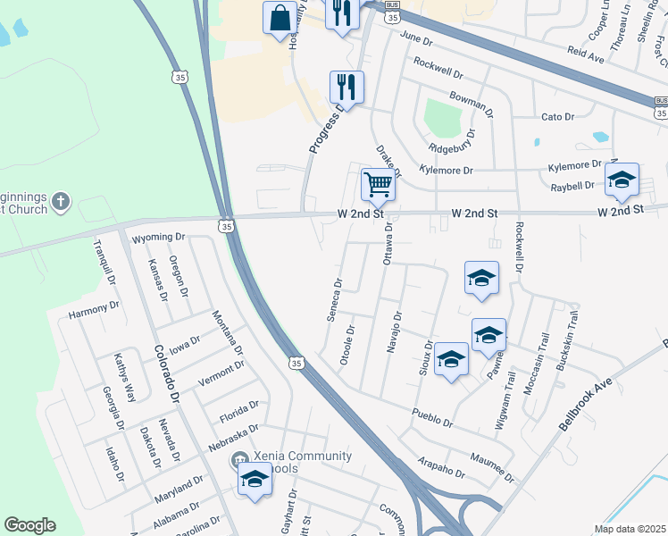 map of restaurants, bars, coffee shops, grocery stores, and more near 1458 Seneca Drive in Xenia