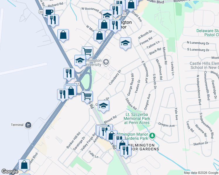 map of restaurants, bars, coffee shops, grocery stores, and more near 122 Colesbery Drive in Wilmington Manor