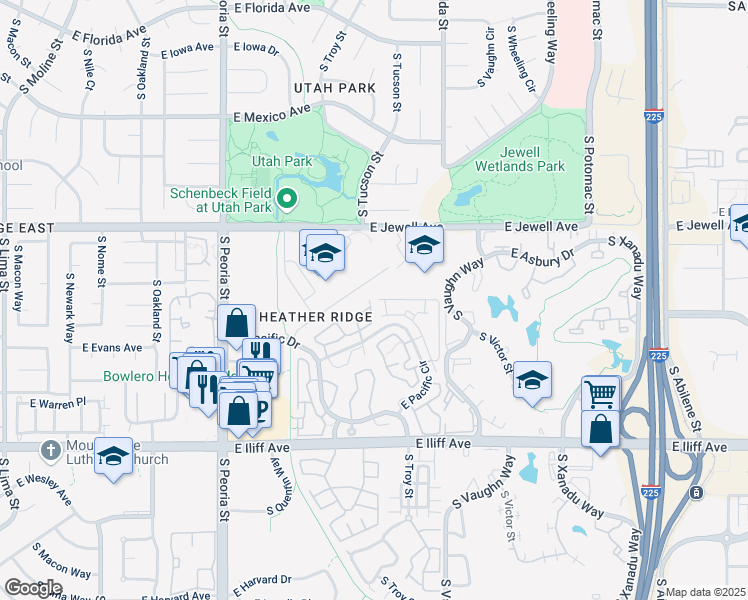 map of restaurants, bars, coffee shops, grocery stores, and more near 12655 East Pacific Circle in Aurora