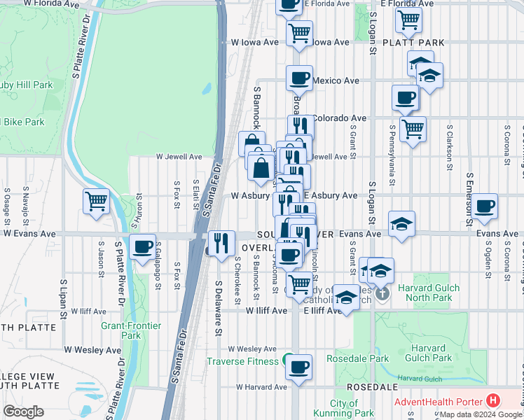 map of restaurants, bars, coffee shops, grocery stores, and more near 2034 South Bannock Street in Denver