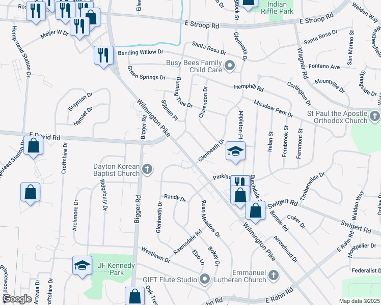map of restaurants, bars, coffee shops, grocery stores, and more near 4448 Wilmington Pike in Dayton