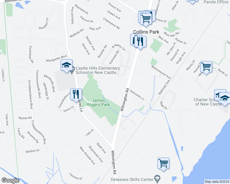 map of restaurants, bars, coffee shops, grocery stores, and more near 13 Adair Avenue in New Castle
