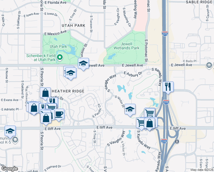 map of restaurants, bars, coffee shops, grocery stores, and more near 429 East Asbury Circle in Aurora