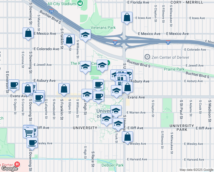 map of restaurants, bars, coffee shops, grocery stores, and more near 2050 South Gaylord Street in Denver