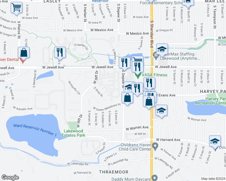 map of restaurants, bars, coffee shops, grocery stores, and more near 5735 West Asbury Place in Lakewood