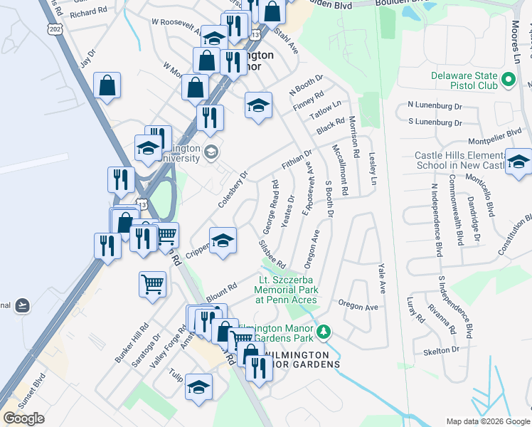 map of restaurants, bars, coffee shops, grocery stores, and more near 17 Crippen Drive in Wilmington Manor