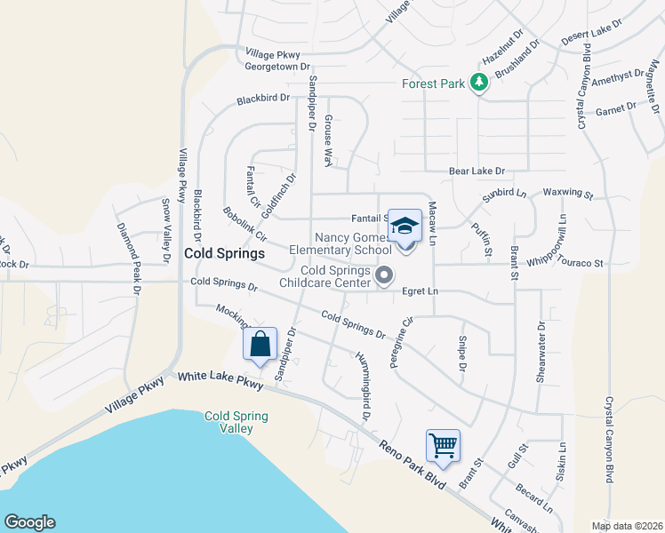 map of restaurants, bars, coffee shops, grocery stores, and more near 17570 Thrush Lane in Reno