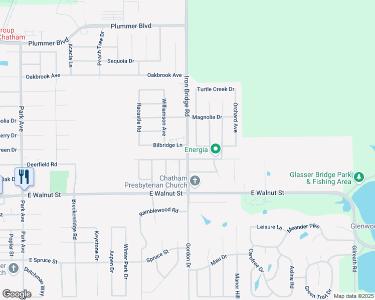 map of restaurants, bars, coffee shops, grocery stores, and more near County Road 1 3/4 West in Chatham