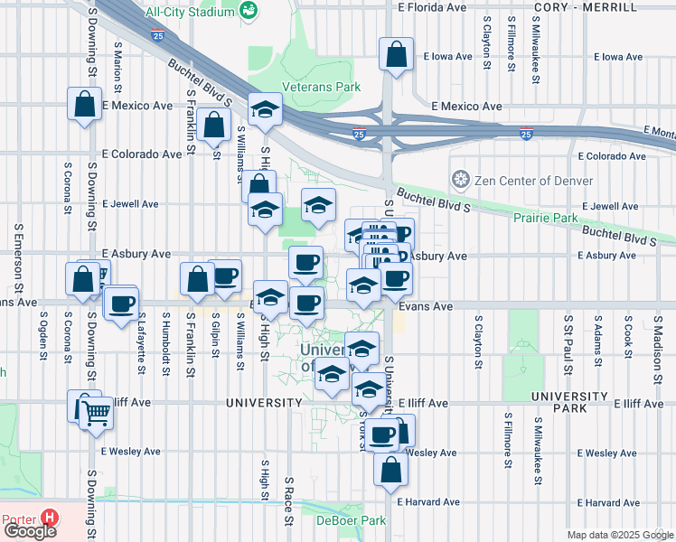 map of restaurants, bars, coffee shops, grocery stores, and more near 2255 East Evans Avenue in Denver