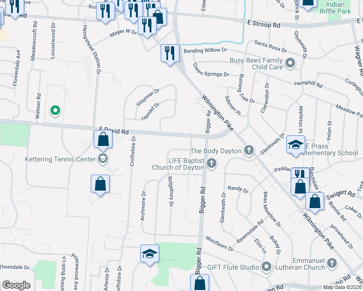 map of restaurants, bars, coffee shops, grocery stores, and more near 2085 Ridgebury Drive in Dayton