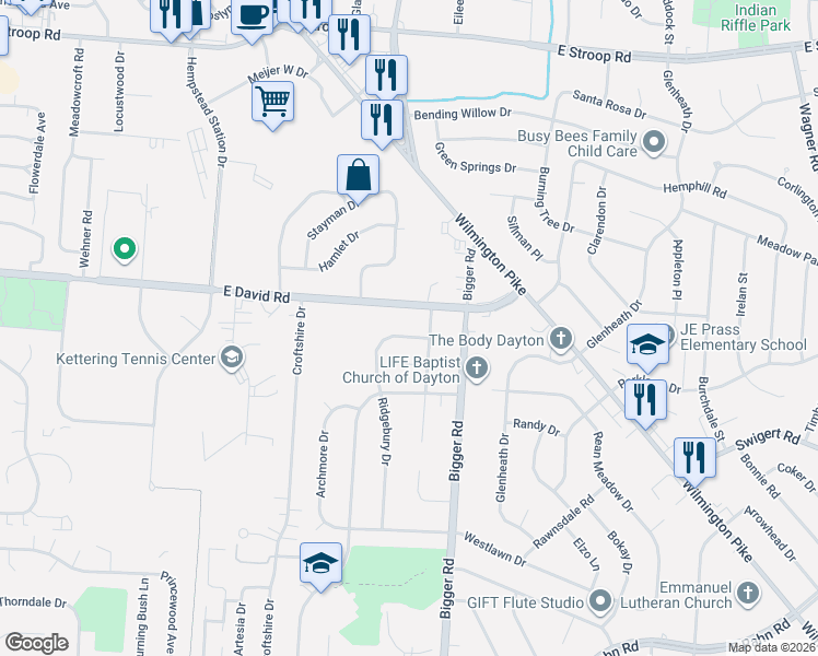 map of restaurants, bars, coffee shops, grocery stores, and more near 2085 Ridgebury Dr in Dayton