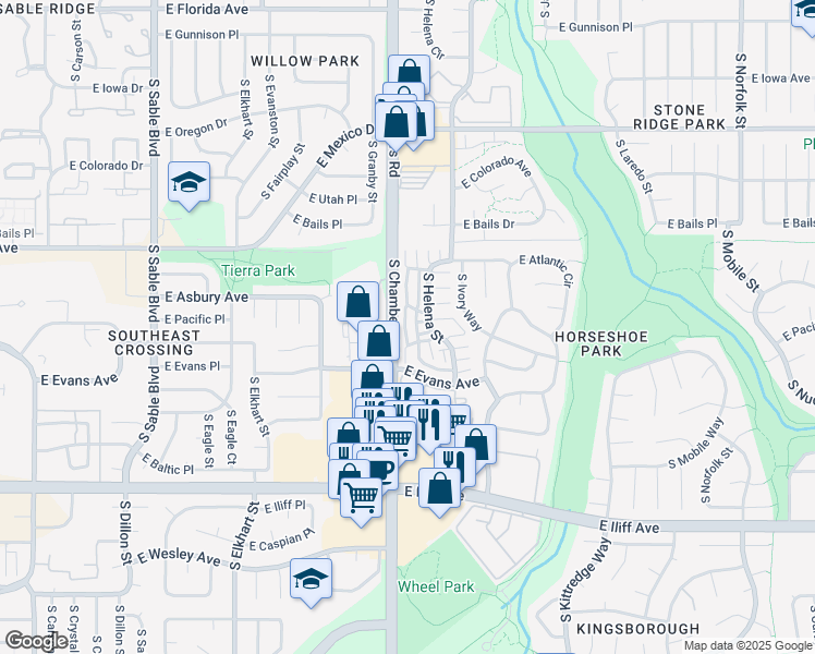 map of restaurants, bars, coffee shops, grocery stores, and more near 2009D South Hannibal Street in Aurora