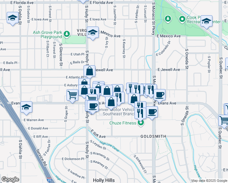 map of restaurants, bars, coffee shops, grocery stores, and more near 5925 East Evans Avenue in Denver