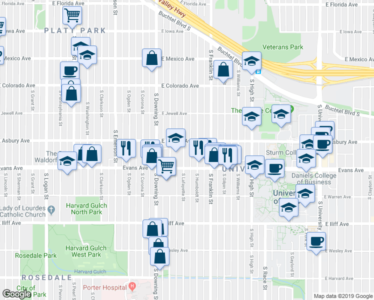 map of restaurants, bars, coffee shops, grocery stores, and more near 1320 East Asbury Avenue in Denver