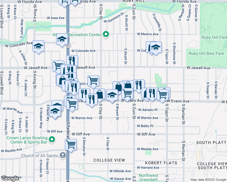 map of restaurants, bars, coffee shops, grocery stores, and more near 2049 South Bryant Street in Denver