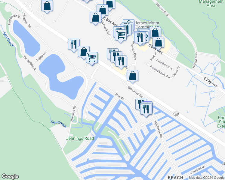 map of restaurants, bars, coffee shops, grocery stores, and more near 791 Jane Drive in Stafford Township