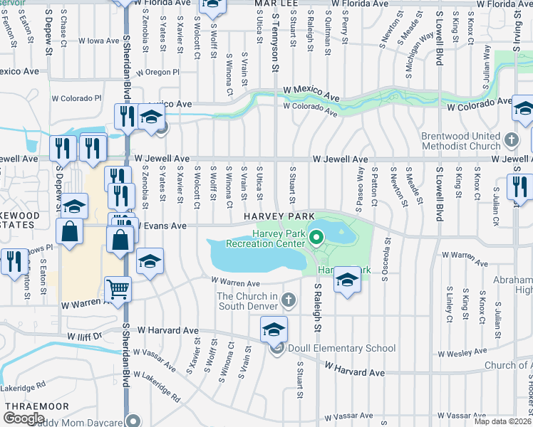 map of restaurants, bars, coffee shops, grocery stores, and more near 4455 West Evans Avenue in Denver