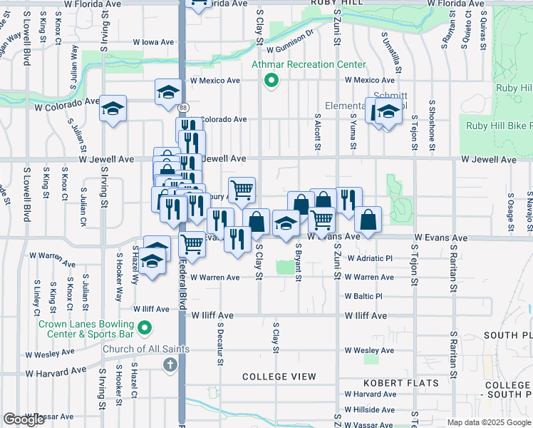 map of restaurants, bars, coffee shops, grocery stores, and more near 2022 South Clay Street in Denver