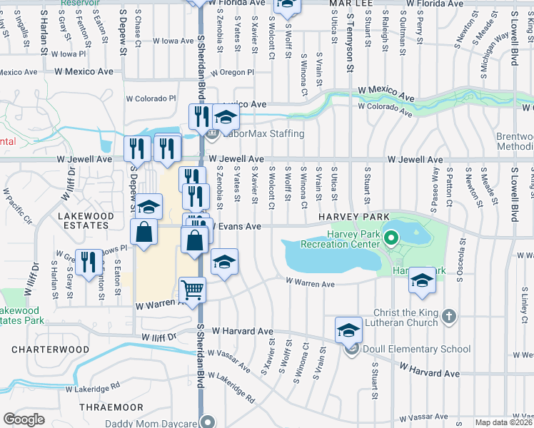 map of restaurants, bars, coffee shops, grocery stores, and more near 4845 West Evans Avenue in Denver
