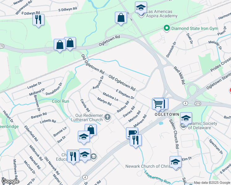 map of restaurants, bars, coffee shops, grocery stores, and more near 19 East Stephen Drive in Newark