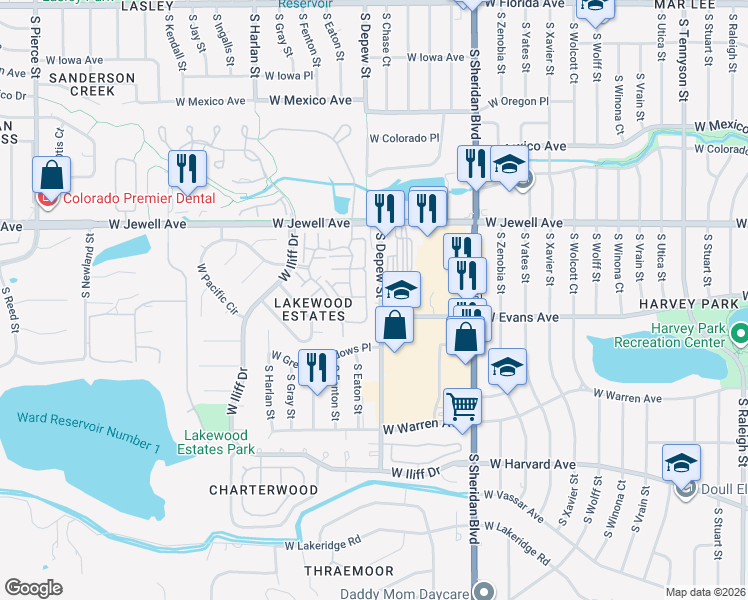 map of restaurants, bars, coffee shops, grocery stores, and more near 2055 South Depew Street in Denver