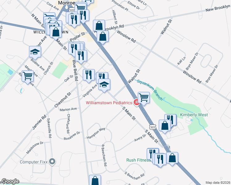 map of restaurants, bars, coffee shops, grocery stores, and more near 19 Walnut Street in Monroe