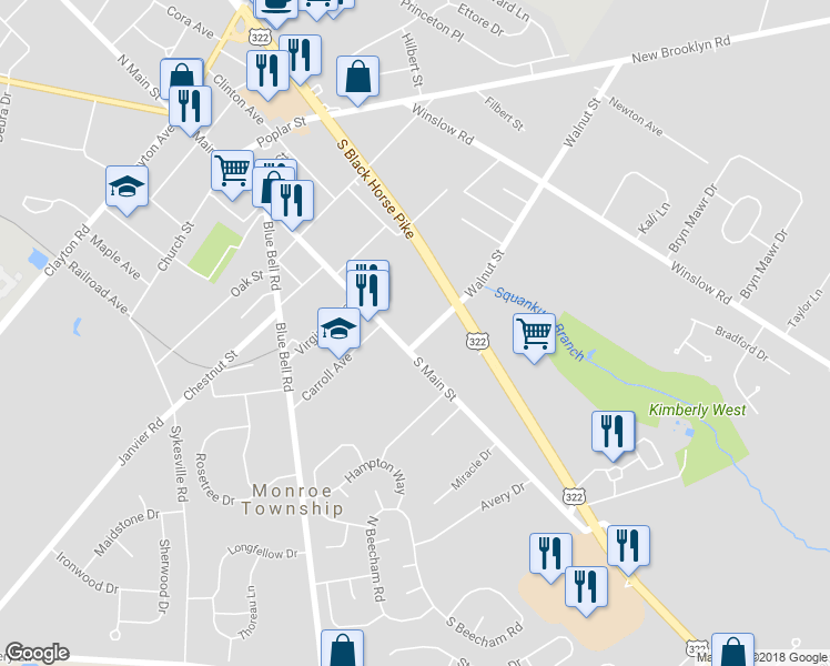 map of restaurants, bars, coffee shops, grocery stores, and more near 19 Walnut Street in Monroe Township